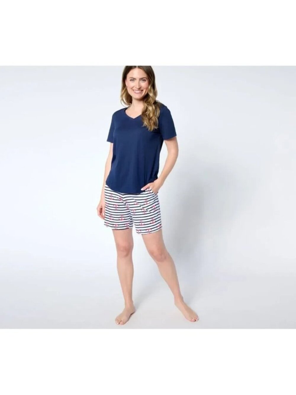 Cuddl Duds Lounge Set sz M Cotton Core T-Shirt Short Navy Curise A637437